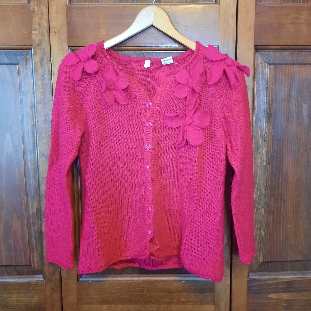 Anthropologie Moth Mohair Angora Blend Red Floral Applique Knit Cardigan Sweater